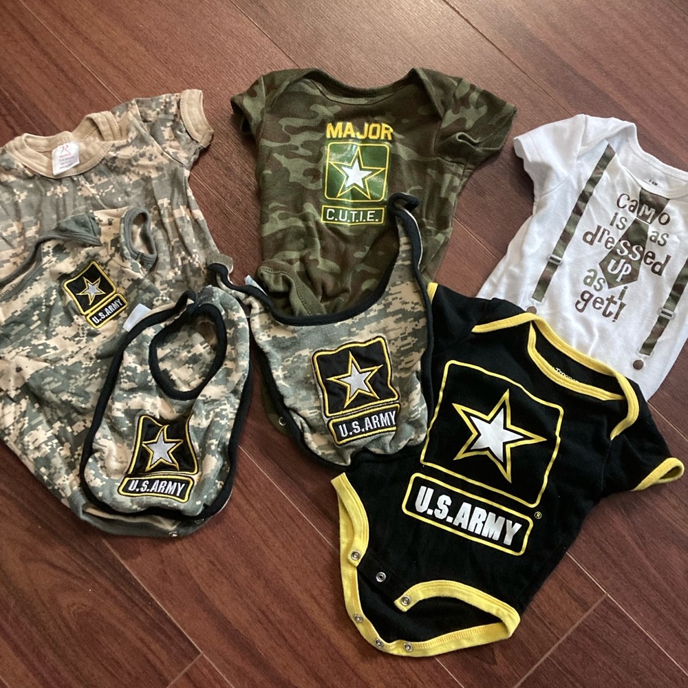 Five Army Onsies size 3-6 months, Two Army Bibs